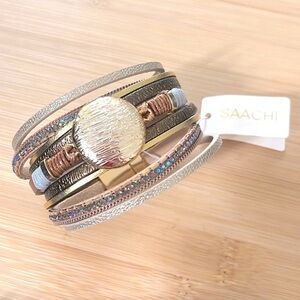 Brand New Saachi Multi-Strap Vegan Leather Brass Chain Magnetic Clasp Bracelet